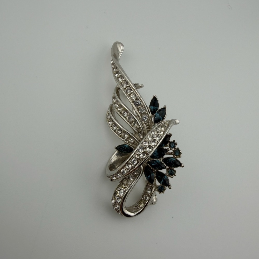 Silver Blue Abstract Floral Rhinestone Crystal Brooch Pin